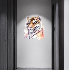 Artistic watercolor tiger head wall sticker displayed in a modern hallway with spotlight