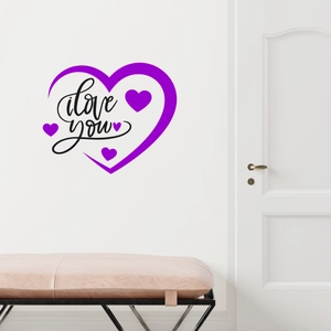 Self-adhesive purple heart wall sticker with black I love you text for home decor
