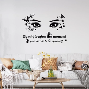 Elegant black eye design wall sticker with butterfly accents and inspirational quote for bedroom