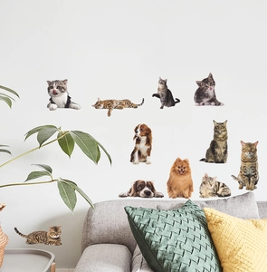 Detailed realistic cat and dog PVC wall stickers applied to a modern living room wall