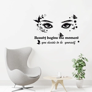 Artistic black eye wall sticker with butterfly motifs and inspirational quote for bedroom