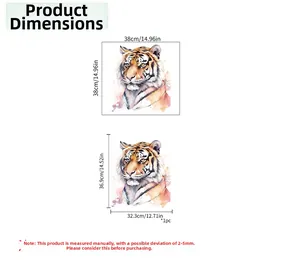 Size chart showing creative tiger head wall decal dimensions in centimeters and inches