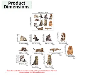 Size chart for cute cat and dog wall stickers showing dimensions in cm and inches