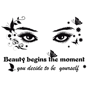 Modern eye wall sticker with long eyelashes, butterflies and beauty quote for bedroom