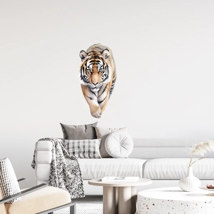 Sticker mural tigre 3D réaliste pour décor de salon moderne avec détails de poils