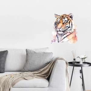Modern watercolor tiger head wall sticker in a minimalist living room decor