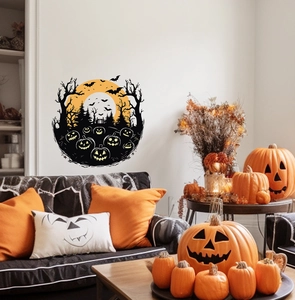 Close-up of Halloween moon wall sticker with pumpkins and bats in a living room decor