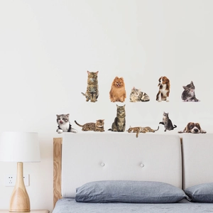 Creative 11-piece realistic cat and dog PVC wall stickers for living room and bedroom decor