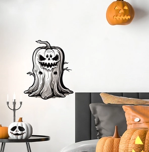 Spooky white wood grain pumpkin wall sticker in a stylish bedroom for Halloween decor