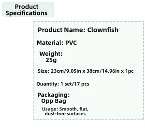 Detailed specs for clownfish PVC wall decals showing size 23x38cm and 17pcs per set