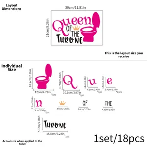 Waterproof Queen of the Throne bathroom decal set with 18 pieces and size specifications