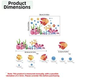 Detail view of cartoon ocean wall sticker layout showing dimensions and tropical fish motifs