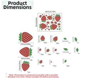 Detailed size chart for strawberry wall decals set featuring dimensions of 29x22 cm sheet
