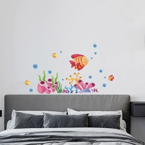Cartoon ocean world wall decals with tropical fish, coral and seaweed for kids room decoration