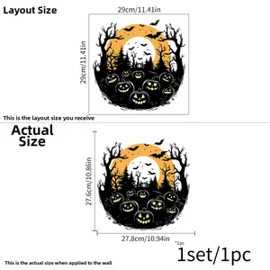 Detailed Halloween wall decal dimensions showing pumpkin bats layout and final applied size