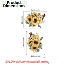 Detail showing two sizes of sunflower and bird wall decals with precise measurements