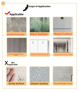 Detailed guide for adhesive wall stickers showing compatible and non-compatible surfaces