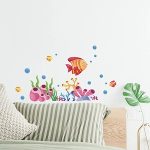 Ocean themed cartoon wall stickers with orange fish and coral for kids room decor