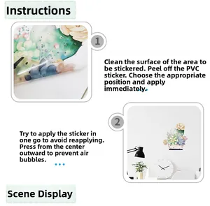 Detailed guide showing application steps and modern home decor scene for PVC wall stickers