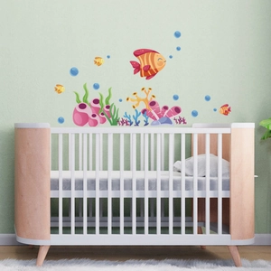 Cartoon ocean world wall decals with fish and coral for nursery bedroom decor