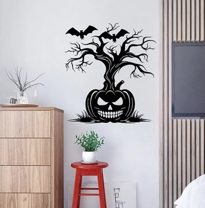 Detail view of black silhouette pumpkin tree and bats wall stickers in a modern interior