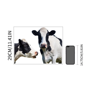 Detailed dimension guide for cow wall decal showing 29cm height next to a phone model