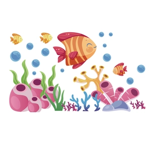 Cartoon ocean world wall stickers with colorful fish, coral reefs and seaweed for kids room