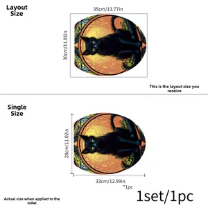 Size guide for Halloween black cat toilet sticker showing layout and applied dimensions