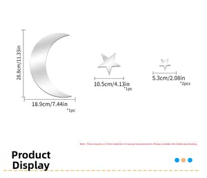 Detailed dimensions of silver moon and star acrylic mirror wall stickers for home decor