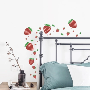 Self-adhesive strawberry wall stickers for bedroom decor with red fruits and green leaves