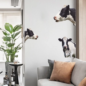 Creative 3D cow head wall stickers in black and white for modern living room decor