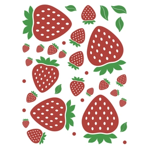Vibrant strawberry wall stickers with red fruit and green leaves on white background