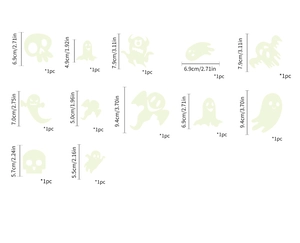 Guide des tailles détaillé pour 12 stickers muraux d'Halloween phosphorescents