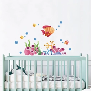 Cartoon Ocean Underwater World Wall Stickers For Kids Room Bathroom PVC Sea Creatures Fish Coral Bubbles Self-Adhesive Wall Decal