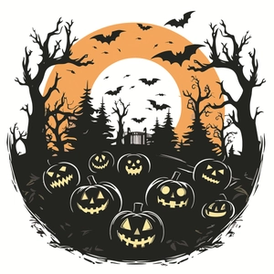 Halloween wall sticker with pumpkin, bats and spooky trees against a large orange moon