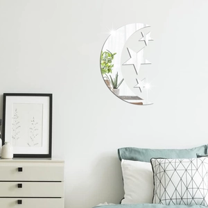 Star and moon acrylic mirror wall stickers set on a minimalist white bedroom wall