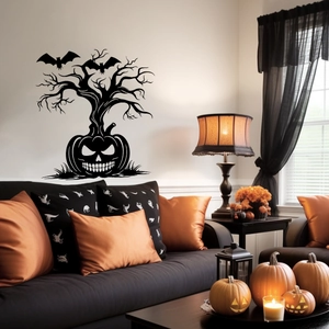 Halloween Pumpkin Tree Wall Sticker Black Bat Silhouette PVC Waterproof Removable Decal For Living Room Home Decor Party Supplies