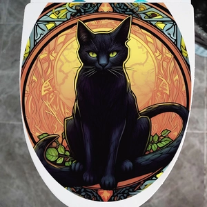 Artistic Halloween black cat toilet seat sticker with vibrant stained glass style design