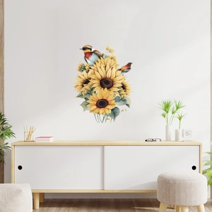Watercolor sunflower wall decals with birds for modern living room and bedroom decor