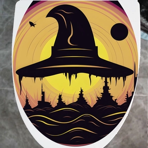 Halloween toilet lid sticker featuring black wizard hat and orange gradient moon background
