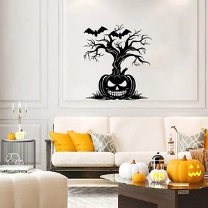 Halloween wall sticker with pumpkin, bats and withered tree silhouettes for living room
