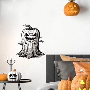 Halloween wall stickers featuring spooky hand-drawn pumpkin ghost in a cozy bedroom setting