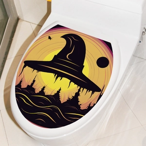 Halloween toilet lid sticker with yellow moon and witch hat silhouette bathroom decor