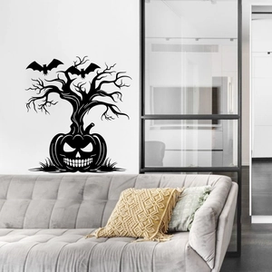 Halloween wall sticker with pumpkin lantern and bats silhouettes in a modern living room