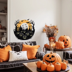 Halloween wall sticker featuring pumpkins, bats, and full moon for home decor