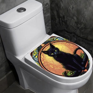 Stained glass style black cat toilet lid sticker with vibrant gothic patterns and yellow eyes