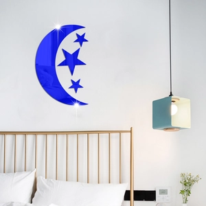 Detail of blue mirror moon and stars acrylic wall stickers for bedroom interior decor