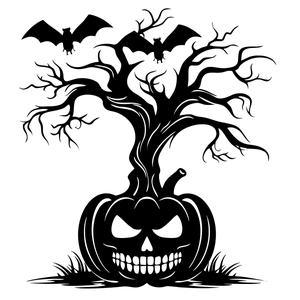 Halloween wall sticker featuring pumpkin silhouette, dead tree and flying bats on white background