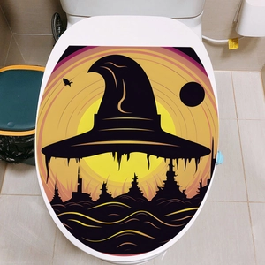 Halloween toilet lid sticker with witch hat and moon silhouette in purple and gold
