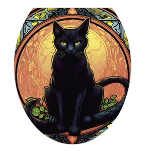 Stained glass style black cat Halloween toilet lid sticker with colorful floral art